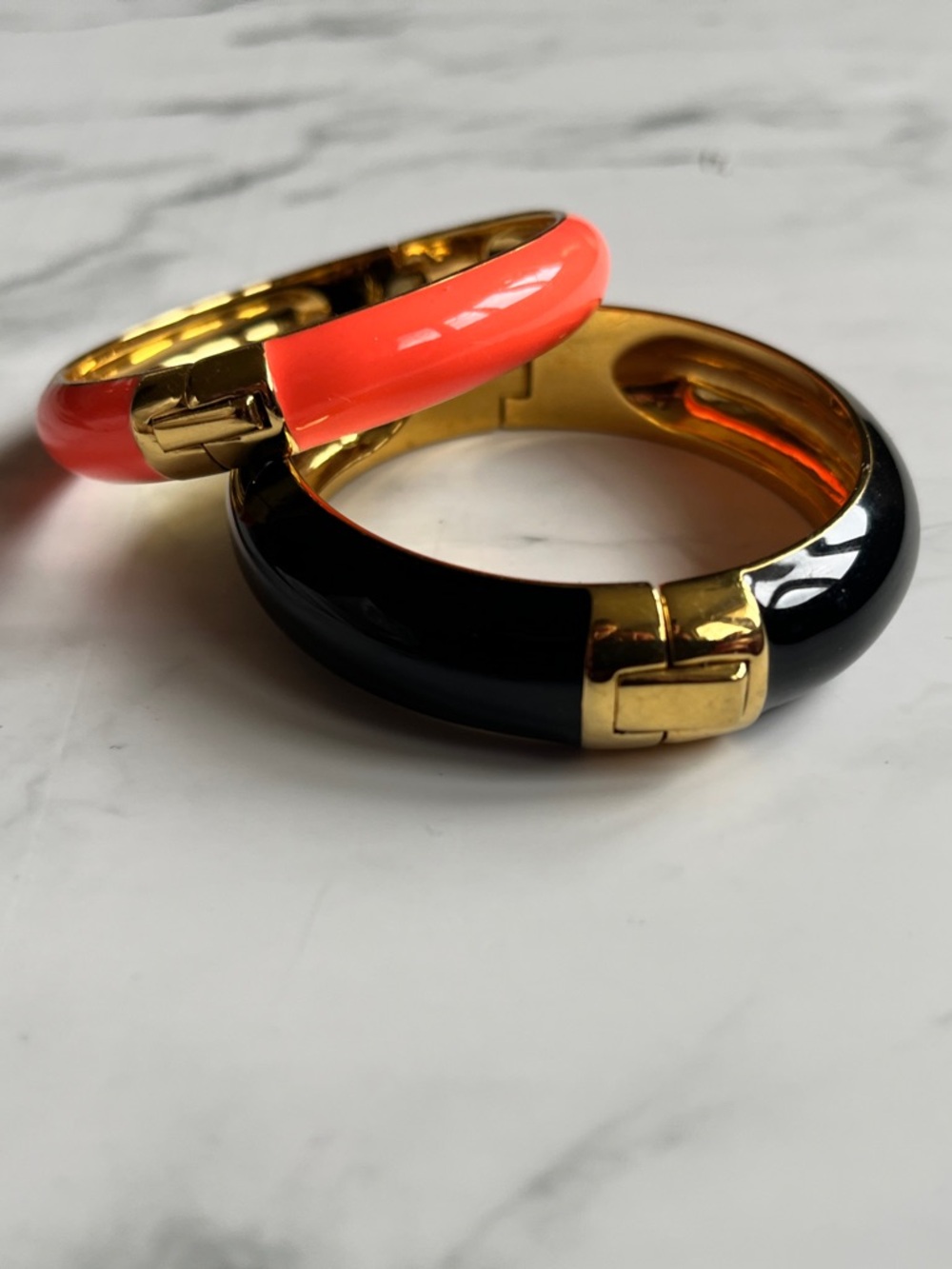 J. Crew Black and Coral Enamel Hinged Bangle Bracelet Set
